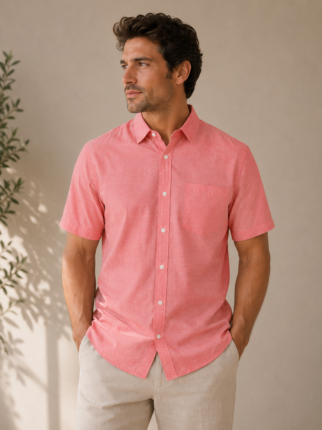 Banana Republic Men's Slim Fit Coral Pink Chambray Short Sleeve Shirt L VG