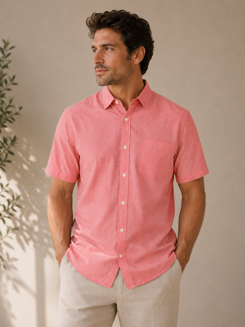 Banana Republic Men's Slim Fit Coral Pink Chambray Short Sleeve Shirt L VG