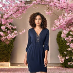 MICHAEL KORS Womens Dress M Navy Blue Midi Gold Chain Lace Up Belted Flowy NWOT