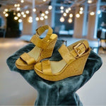 MICHAEL KORS Posey Gold Leather Espadrille Wedge Sandals Women 5.5 5" Heel G+