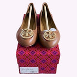TORY BURCH Benton 2 Travel Leather Ballet Flats Royal Tan Gold Size 5.5 NIB