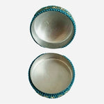 Handmade Indian Rhinestone Beaded Tin Jewelry Box 2.5x2.5x1.5" Blue Gold Trinket