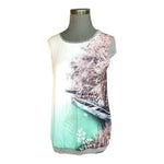 Orsay Women's Gray Satin Lake Boat Print Blouse M Short Sleeve Crew Neck Good