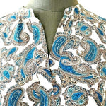 Daniel Rainn Paisley Chiffon Blouse White Blue V Neck Adjustable Sleeves Size M