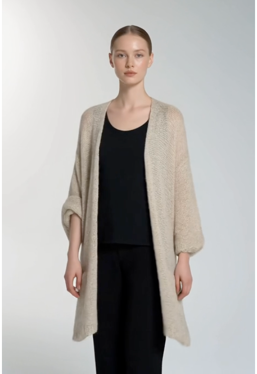 MAK Beige Knit Duster Cardigan 3/4 Sleeve Open Front Women M/L 34.5" Textured VG