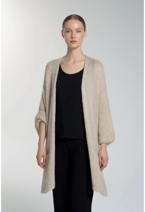 MAK Beige Knit Duster Cardigan 3/4 Sleeve Open Front Women M/L 34.5" Textured VG