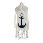 Vintage Havana Women's Ivory Navy Anchor Hooded Sweater M Fringe Knit Excellent
