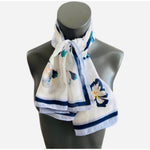 Blue White Floral Butterfly Chiffon Lightweight Sheer Scarf Neckerchief Wrap 40"