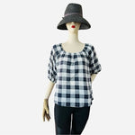 Universal Thread Women's Off Shoulder Blue White Plaid Cotton Blouse M Bubble VG