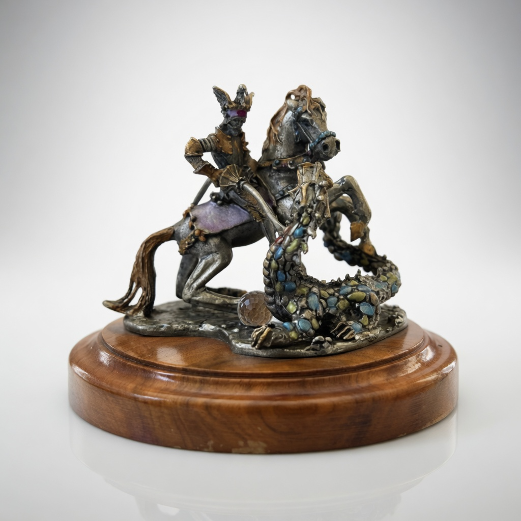 Vintage St. George Fighting the Dragon Bronze Statue Warrior Figurine Wood Base