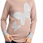 Embellished Butterfly Wool Crewneck Sweater Women’s Brown Gray Long Sleeve Sz S