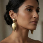 Large Matte Gold Textured Teardrop Drop Stud Earrings Retro Designer Style VG