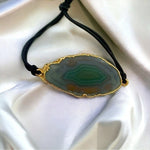 Golden Framed Agate Slice Bracelet Black Cord Boho Gypsy Southern Style VG