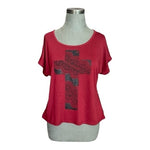 HYBRID Apparel Womens Tee L Burgundy Red Black Cross Front Lace Back Distressed