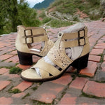 AVENUE CLOUDWALKERS Abby Beige Crochet Block Heel Sandals Size 9M NIB