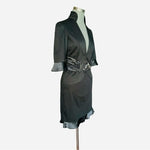 Intuition Black Ruffled Blazer Skirt Suit Belted Rhinestone Trim Size 10