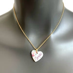 Vintage Ceramic White Heart Rose Crystal Pendant Necklace Gold Tone Choker VG