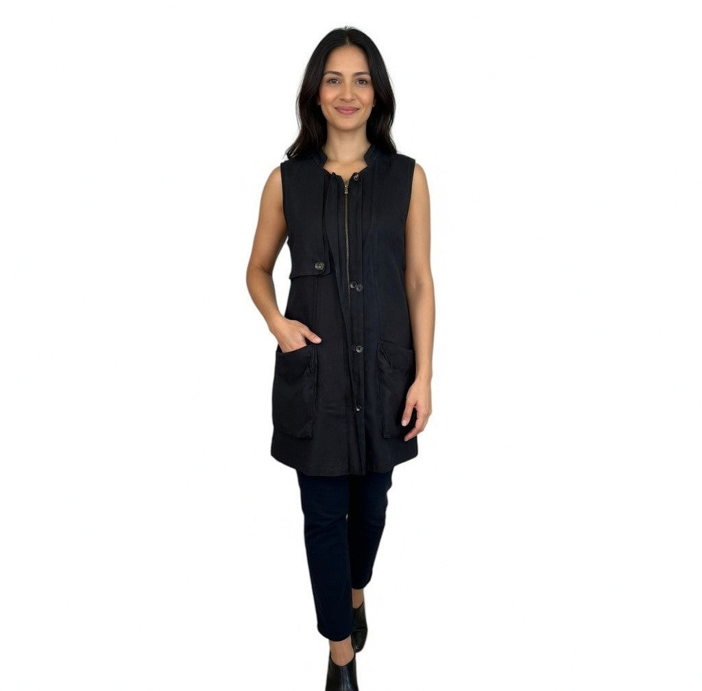 LeShop Women's Black Long Vest S Zip Front Sleeveless Cardigan Rayon Cotton VG