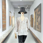 HALOGEN Womens Balloon Sleeve Blouse M Champagne Glitter Velvet V Neck Top EXC