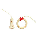 Vintage Christmas Ornament Set 2 Wood Hand-Painted Wreath Bell 1.75" White Red