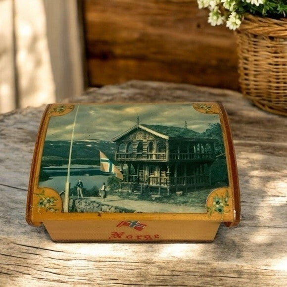 Vintage Norwegian Wood Trinket Box 4.75x3.75x2.25" Enamel Picture Norge Souvenir