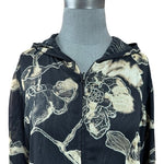 Womens Reversible Hoodie L Floral Black White Beige Zip Front Sheer Cardigan VG