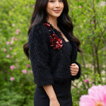 ALBERTO MAKALI Cropped Blazer S Jeweled Floral Fuzzy Jacket Black Red Green EXC