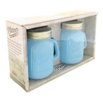 Mason Blue Glass Jar Salt Pepper Shakers Set Silver Lids Rustic Vintage Kitchen