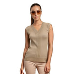 Isaac Mizrahi Women's Tan Silk Blend Sleeveless Knit Top M Pattern Collar EXC