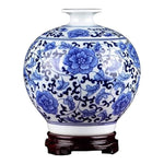 Vintage Blue White Round Profile Porcelain Vase 8.5" China Floral Wood Stand VG