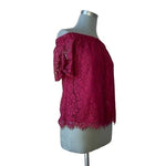 MIAMI Womens Off Shoulder Blouse S Wine Red Lace Floral Bow Short Sleeve Top NWT