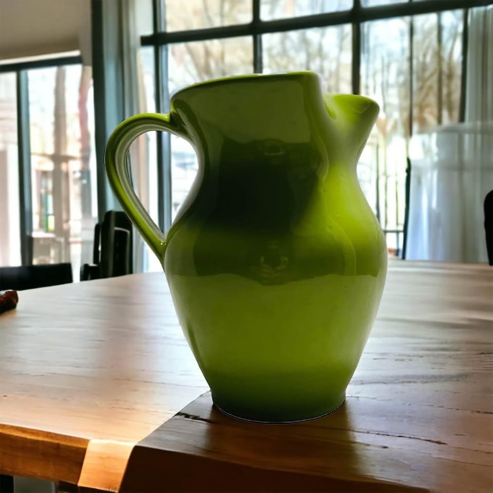 Rare Vintage CALECA Italy Green Ceramic Pitcher 8.5 Farmhouse Glazed Pottery Jug
