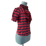 Twenty One Red Black Buffalo Plaid Ruffle Blouse S Silk High Neck Button Up EXC