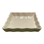 Vintage Square Scalloped Ceramic Baking Dish 7.5 Green Beige Stoneware Casserole