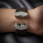 Stylish Brown Textured Leather Bracelet w/ Clear Rhinestone Accent One Size