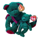 TY Beanie Buddy Wallace Bear 15 & Baby 9 Green Purple Ribbon 2001 NWT Christmas