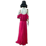 Nicole Miller Silk Cold Shoulder Maxi Dress Magenta Pink Beaded Gown Size L NWT