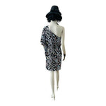 NICOLE MILLER Black One Shoulder Ruffle Bodycon Dress Sz M Multicolor Spotted VG