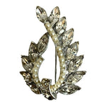 Women's Silver Tone White Pearl Crystal Brooch Pin 2"x1.5" Costume Jewelry