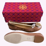 TORY BURCH Benton 2 Travel Leather Ballet Flats Royal Tan Gold Size 5.5 NIB