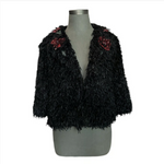 ALBERTO MAKALI Cropped Blazer S Jeweled Floral Fuzzy Jacket Black Red Green EXC