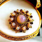 Vintage Round Iridescent Fire Opal Bead Purple Crystal Brooch Pin 1.5" NWOT