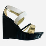 SHOEDAZZLE MORGANA Black Gold White Open Toe Platform Wedge Sandals Size 8