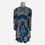FREE PEOPLE Girl Talk Tunic XS Blue Paisley V Neck Balloon Sleeve Boho VG