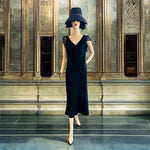 Jones New York Vintage Black Ruffle V-Neck Open Back Maxi Ball Gown Dress 10