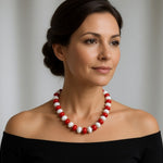 Red White Beaded Statement Necklace Single Strand 24" Womens Costume Jewelry