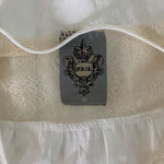 MK2K Womens Top M White Satin Beige Lace Short Sleeve Ruffle Blouse Crewneck VG