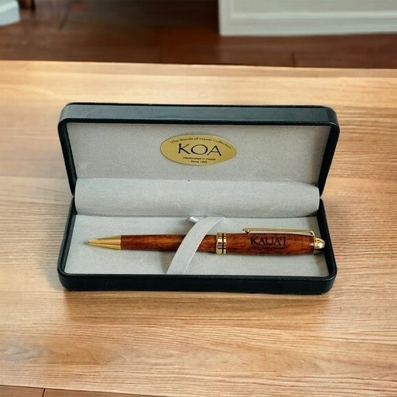 NIB Koa Wood Euro Style Pen Handcrafted Hawaiian Gold Trim Gift Box 6" Ballpoint
