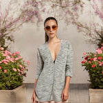 Belldini Gray Gold Lurex Knit Duster Cardigan Open Front Women M 33" VG