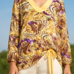 Women's Yellow Multicolor Paisley Tunic Blouse 3X Semi Sheer Relaxed Fit 31" EXC